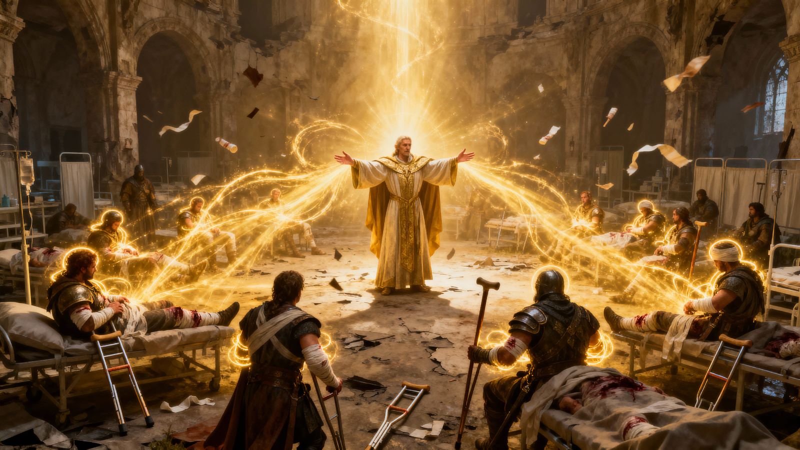 Priest Heals Wounded Warriors with Golden Light