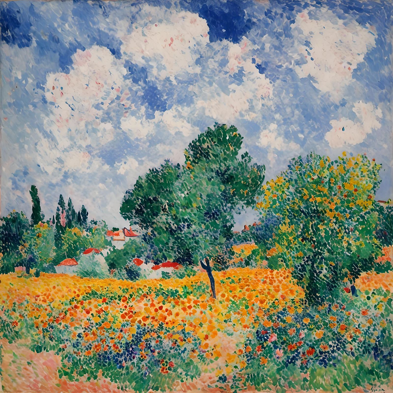 Sunflowers under a Blue Sky in Fauvist Pointillist Style