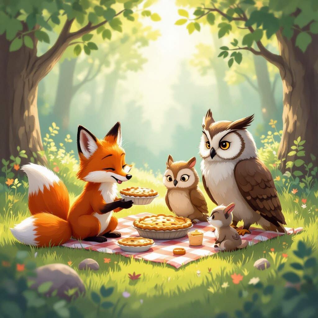 Woodland Creatures Picnic in Sun-Dappled Forest