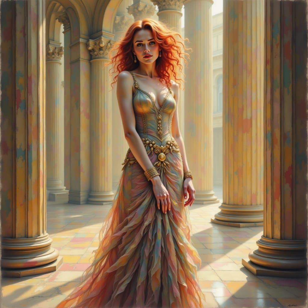 A woman with fiery red hair, wearing a lavish Art Deco gown with geometric patterns and gold accents, stands in a grand ...