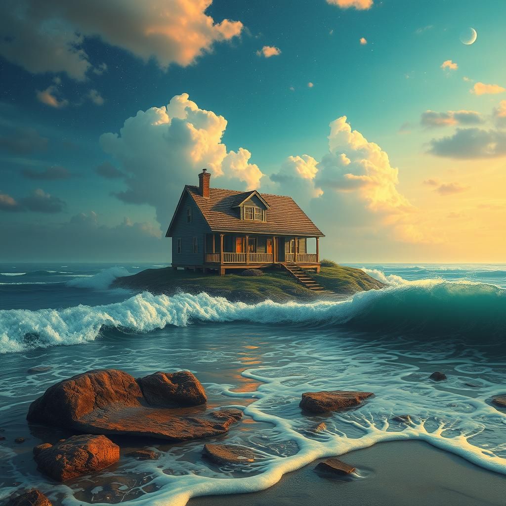 Dreamlike Home by the Sea, Surreal Digital Art