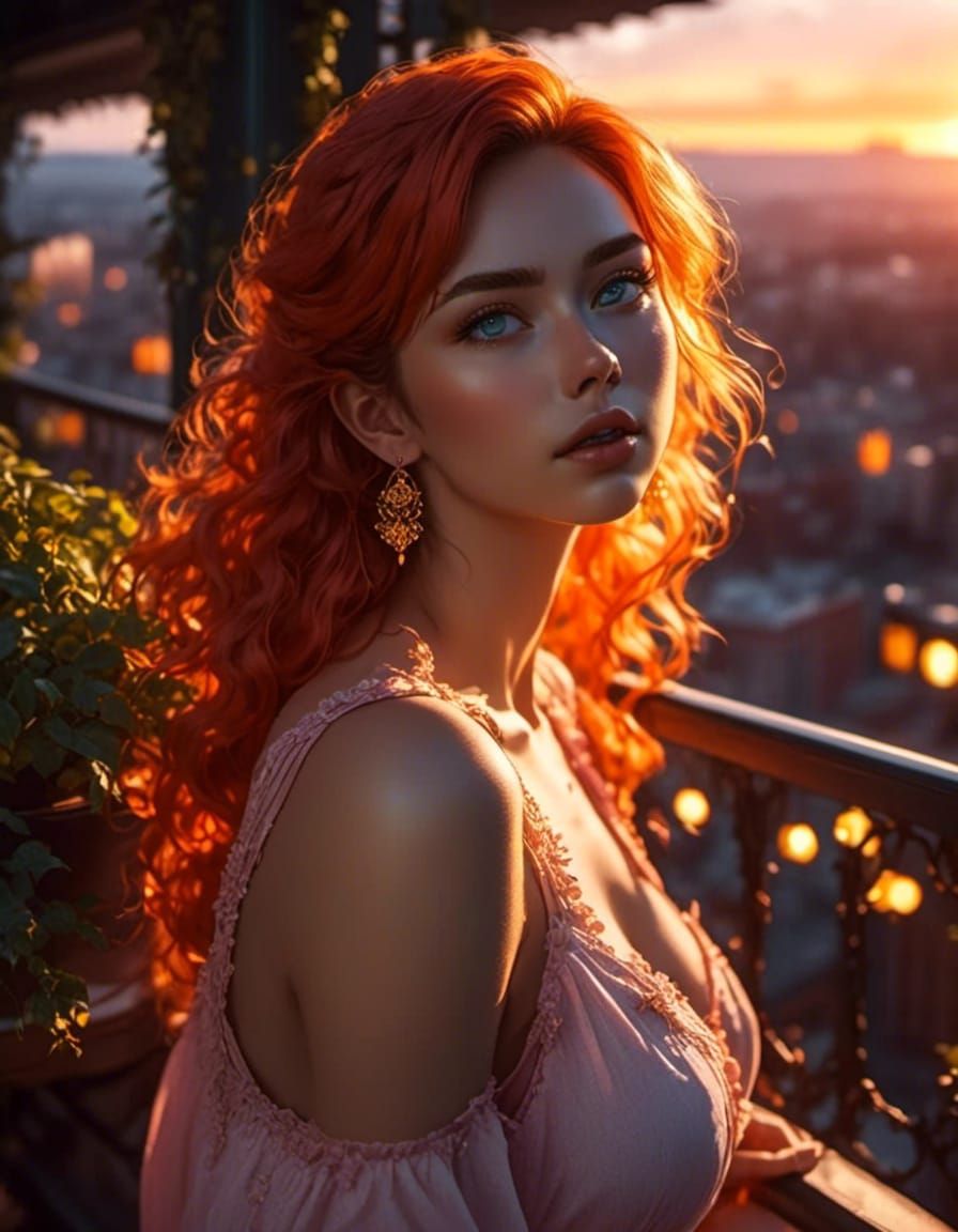 Freckled Woman on Balcony at Sunrise, Anime Realism