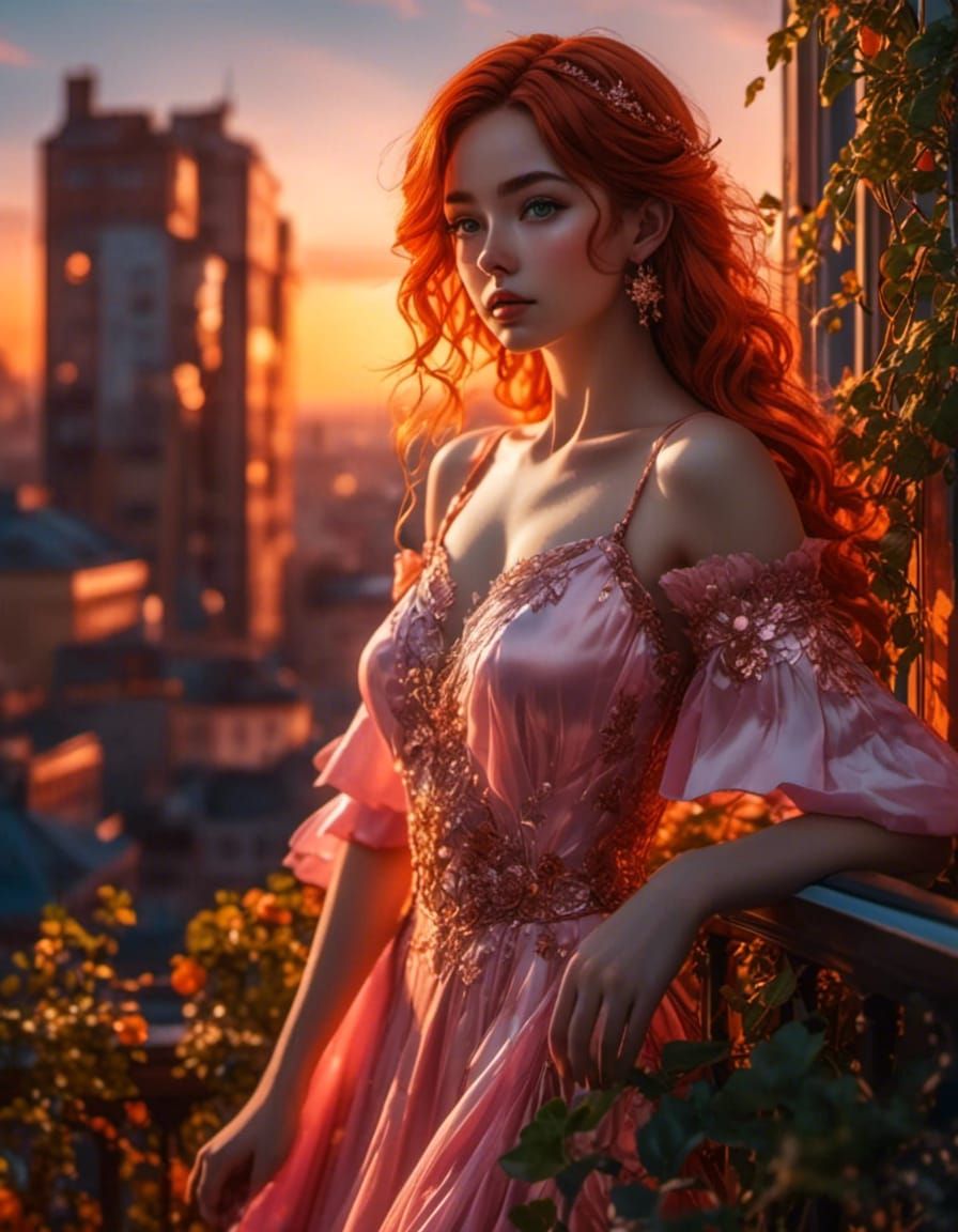 Freckled Woman on Overgrown Balcony at Sunrise
