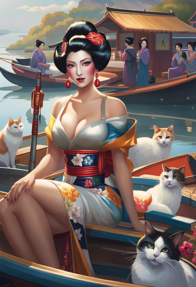Aoshima Japan currently known as Cat Island a geisha girl and a few cats