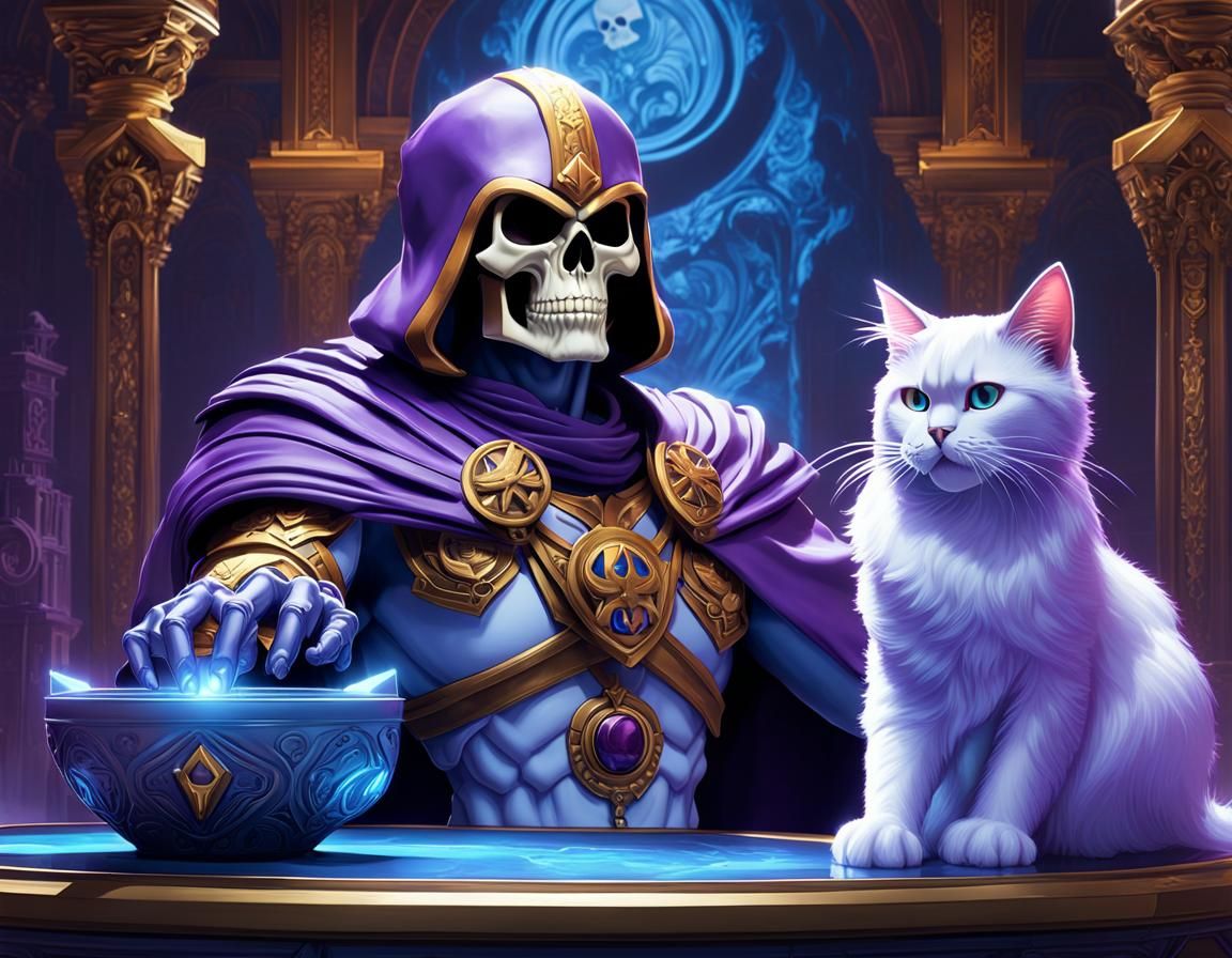 Skeletor and his pet cat Fluffator, Masters of the Universe,...