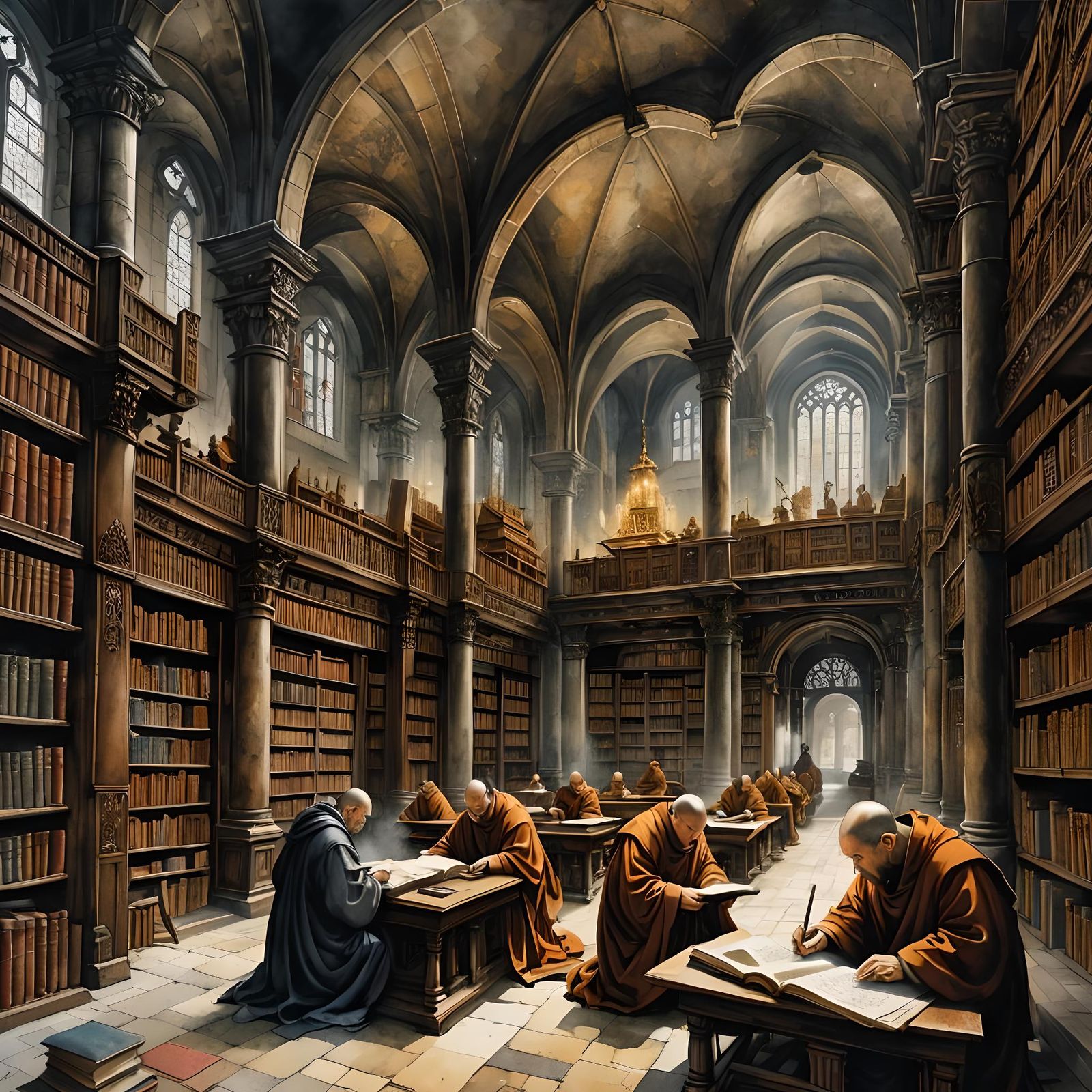 Magical Ancient Library in Watercolor Style