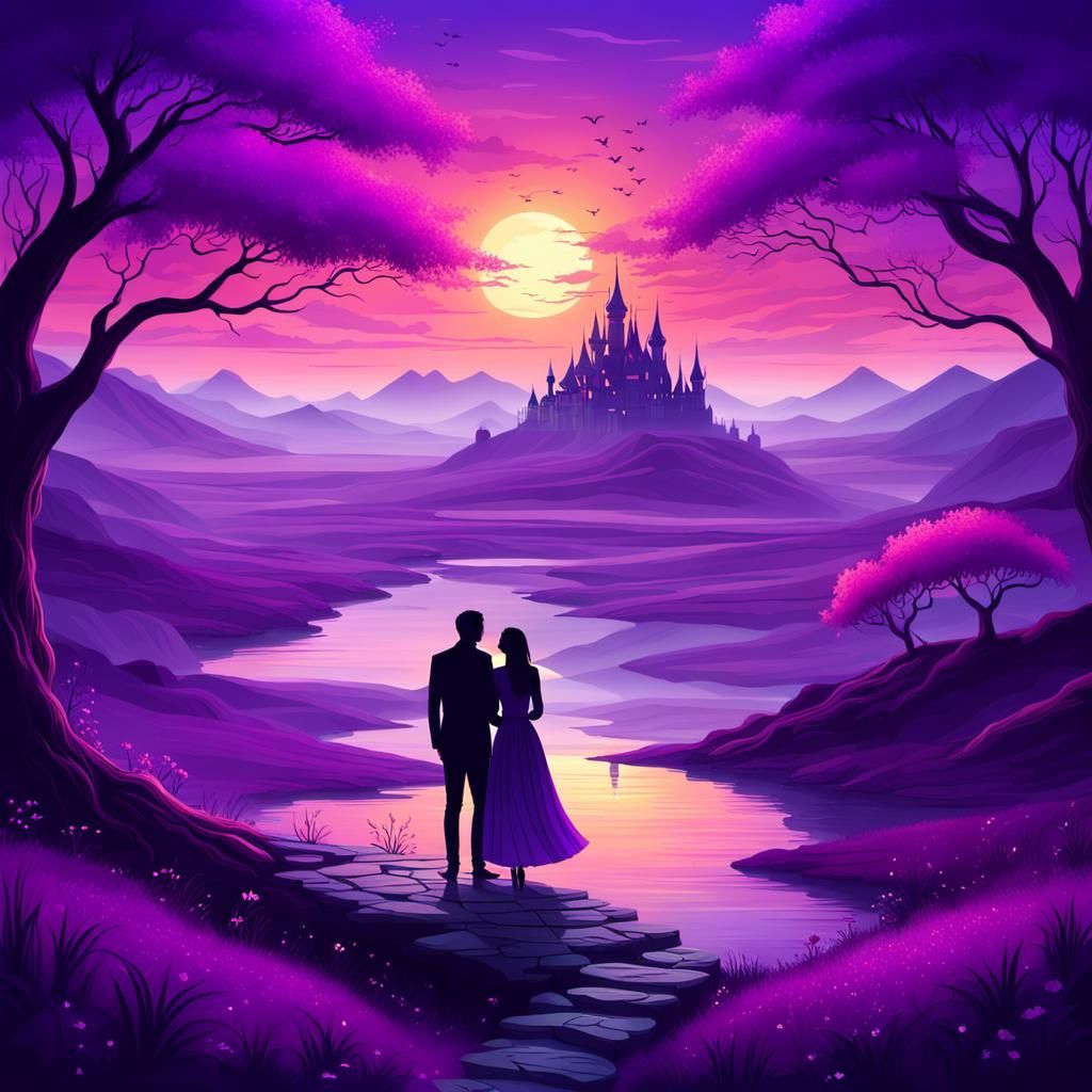 Romantic Couple Embracing in Purple Fantasy Landscape