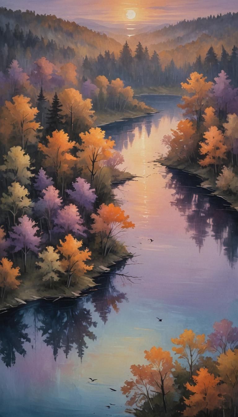 Twilight Lake and Forest Aerial View Painting