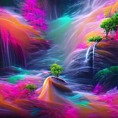 Surreal Neon Waterfall in a Colorful Forest