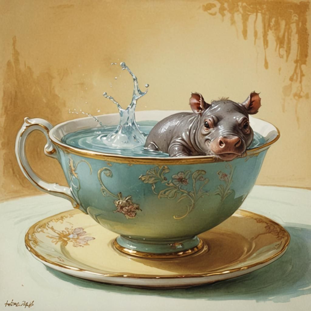 Teacup Hippo in Bathing Cap, Kley Style