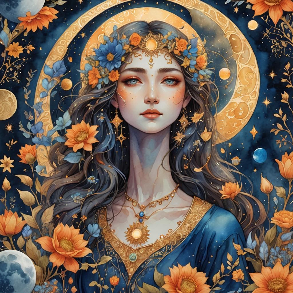 Glowing Moon Goddess Portrait in Watercolor Style