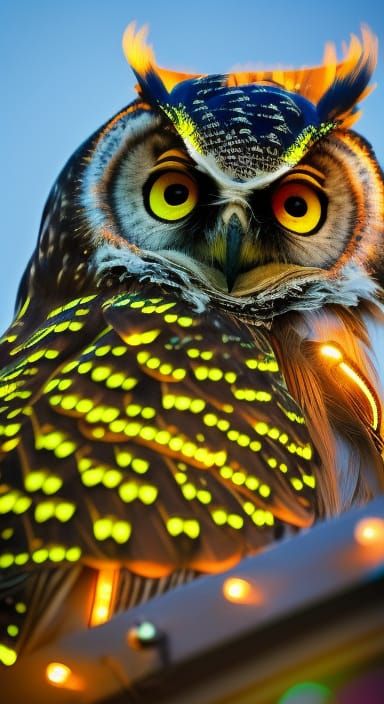 Neon Owl on Clock: Intricate, Detailed, Maximalist