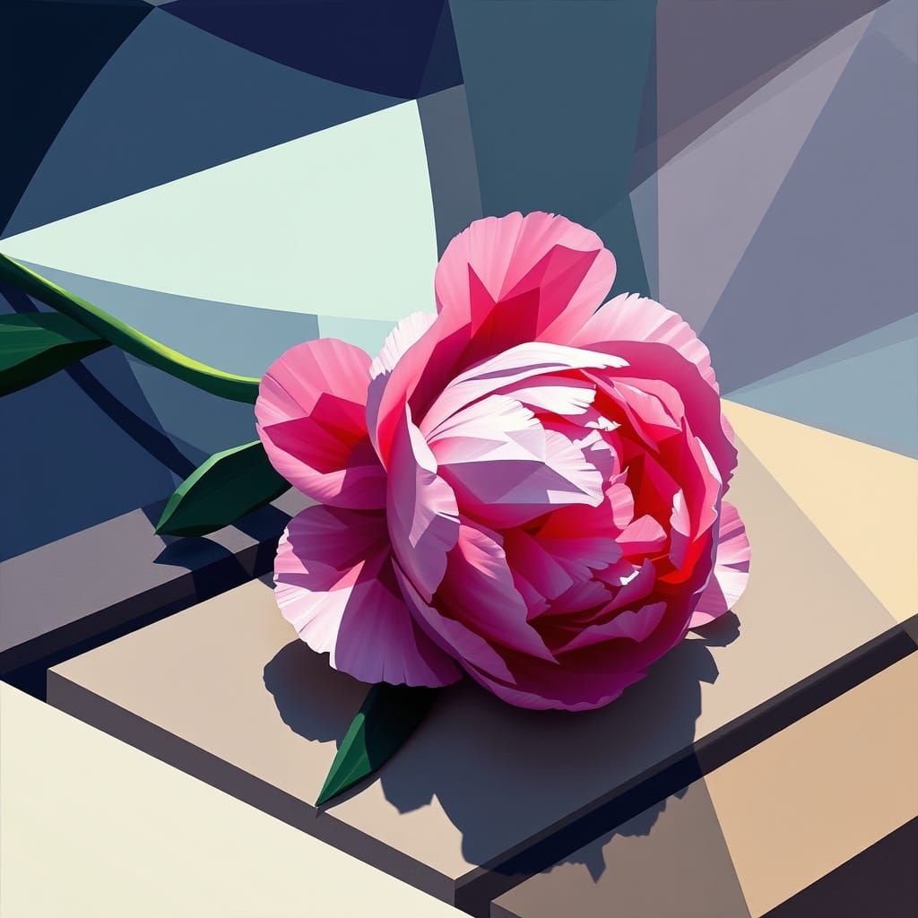 Cubist Peony on Park Bench in Neo-Cubism Style
