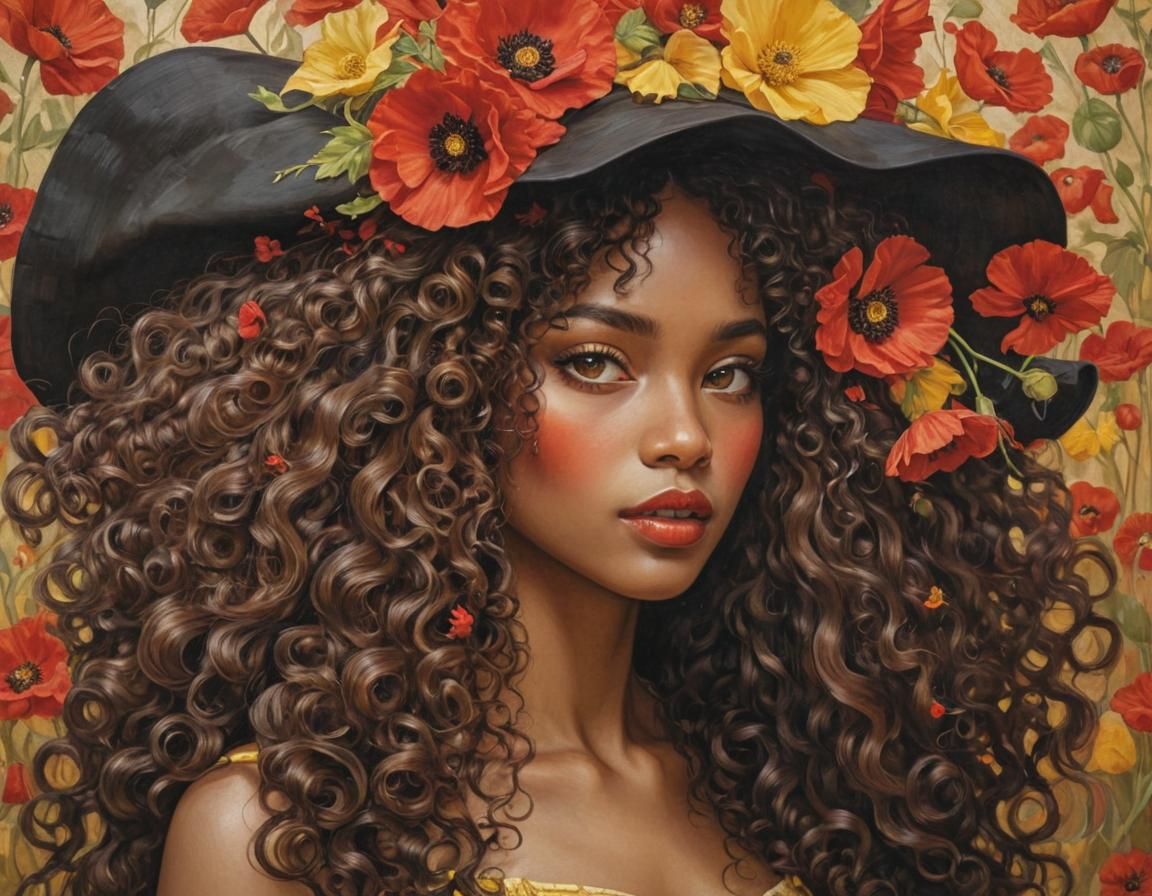 Black Woman with Flowers, Art Nouveau Portrait