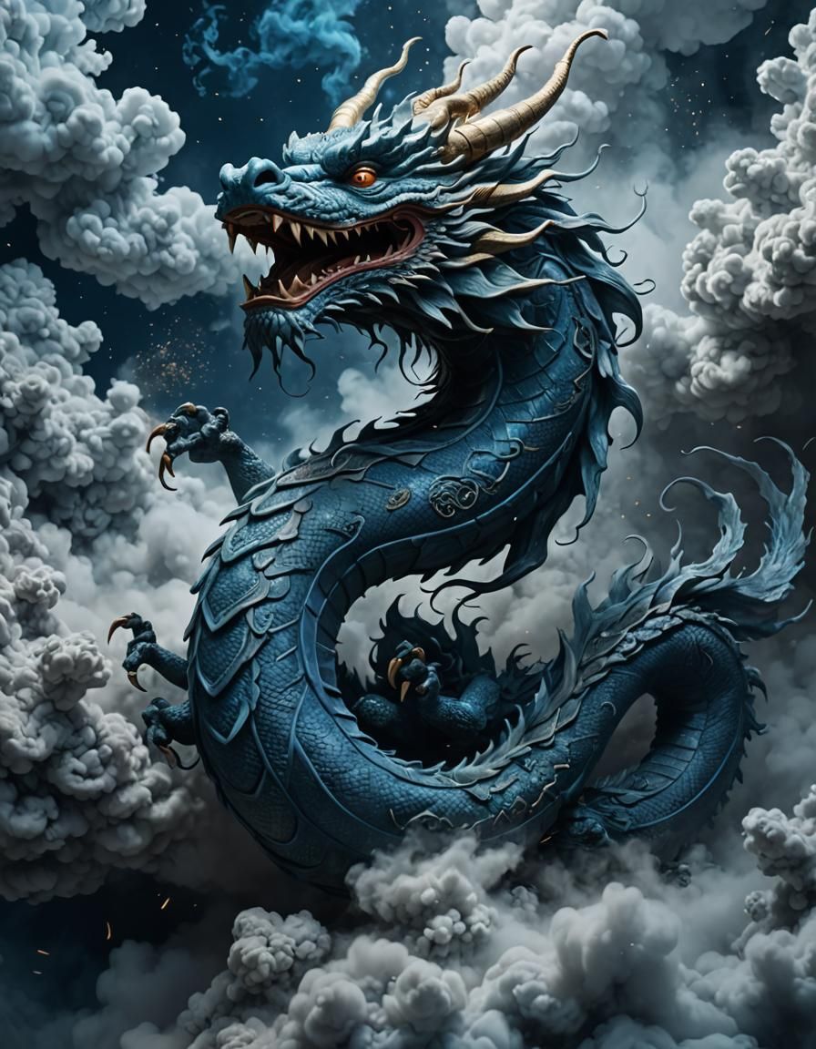 Detailed Asian Dragon in Swirling Clouds