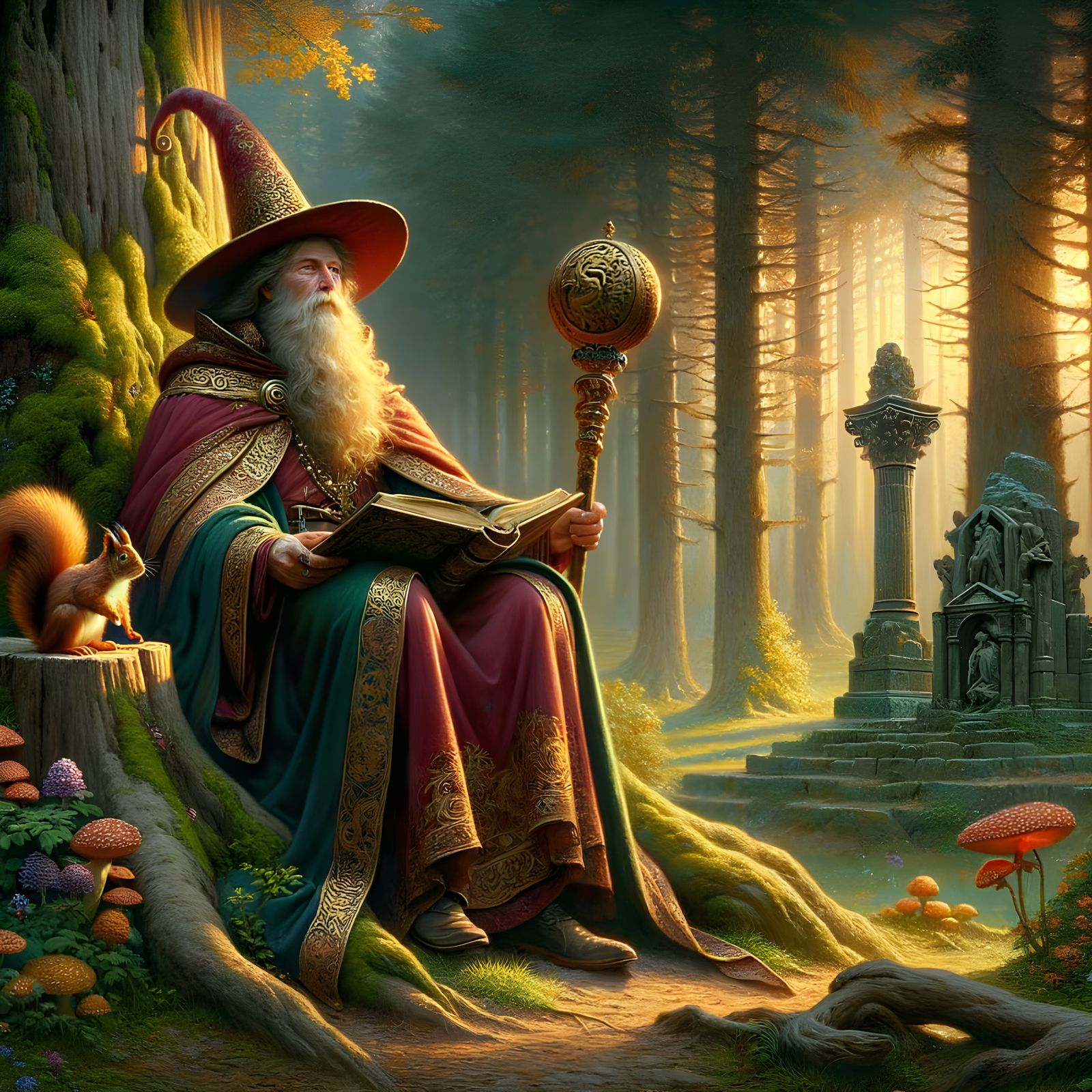 Enchanted Wizard Surrounded by Spring Bloom and Ancient Ruin...