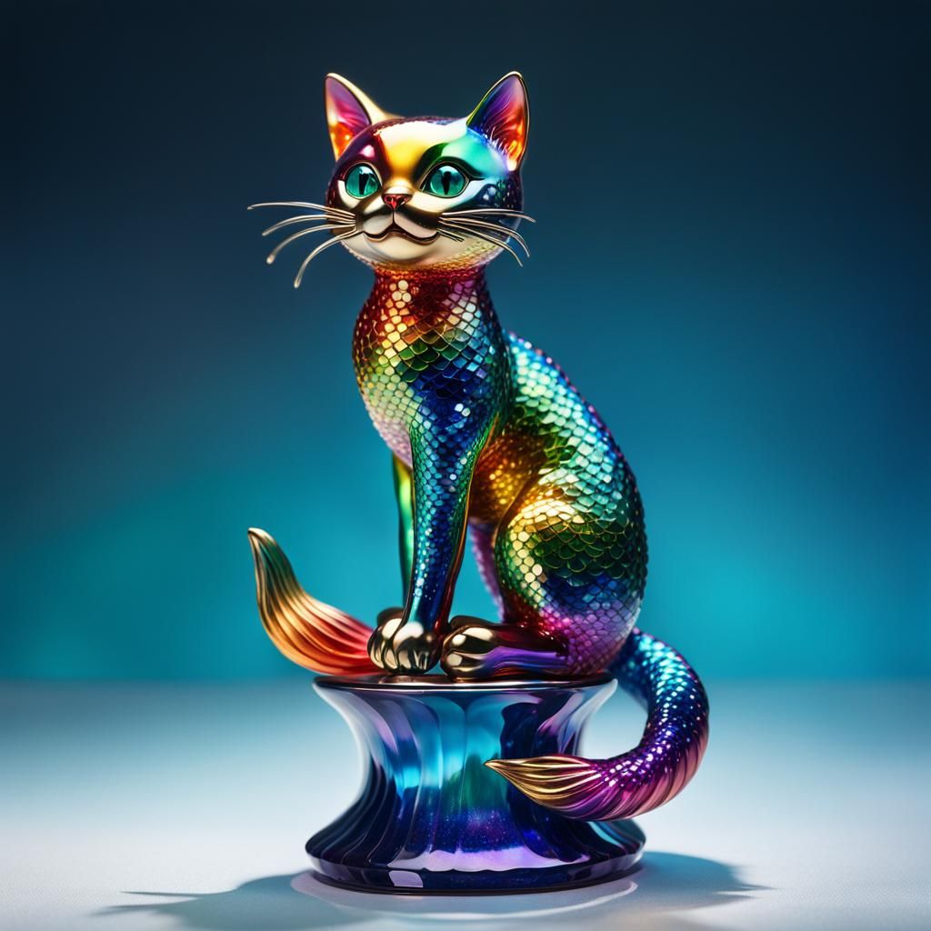 Enameled Glass Mermaid Cat Figurine in Still Life