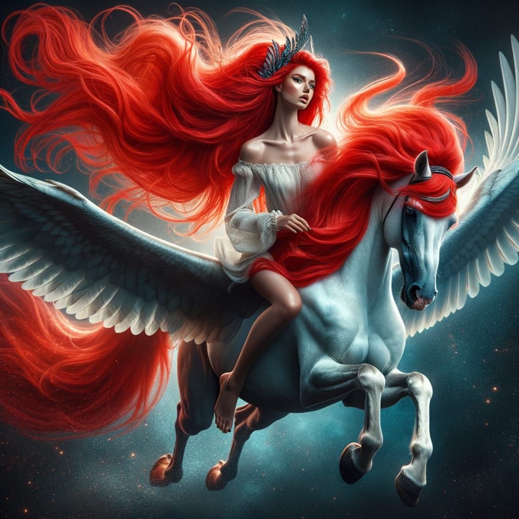 Red-Haired Woman Rides Pegasus in Fantasy Scene