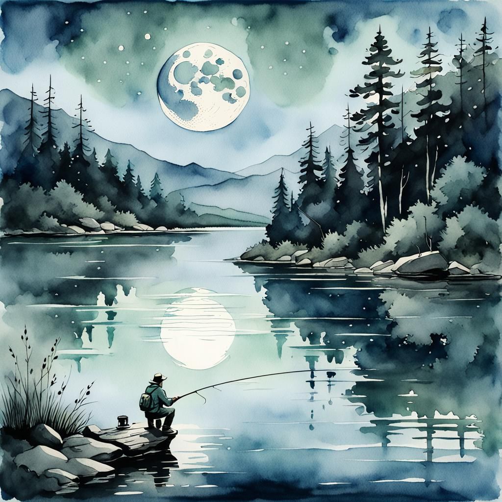 Serene Mountain Lake Scene in Ink and Watercolor