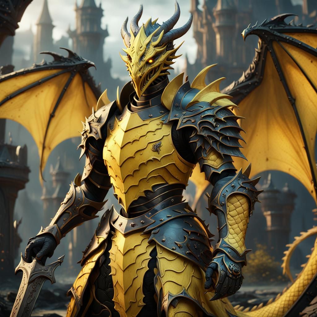 Black and Yellow Dragon Knight in Matte Painting Style