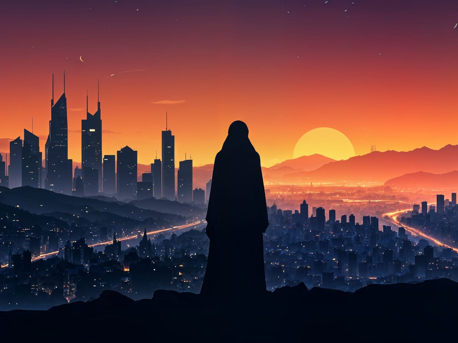 Surreal Silhouette of a Woman in Niqab Watches Modern Arab C...