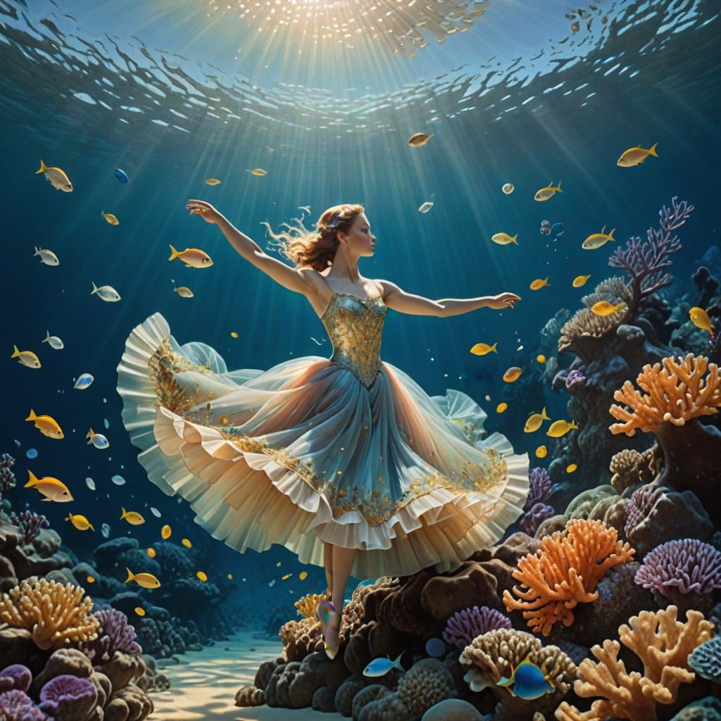 Ballerina Dancing Underwater Among Coral Reefs and Fish