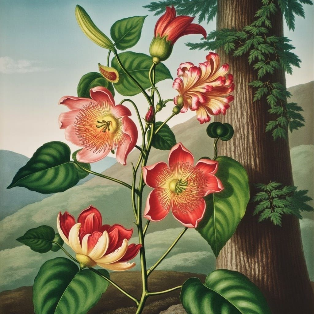 Exotic Passiflora Flower in Botanical Art Style