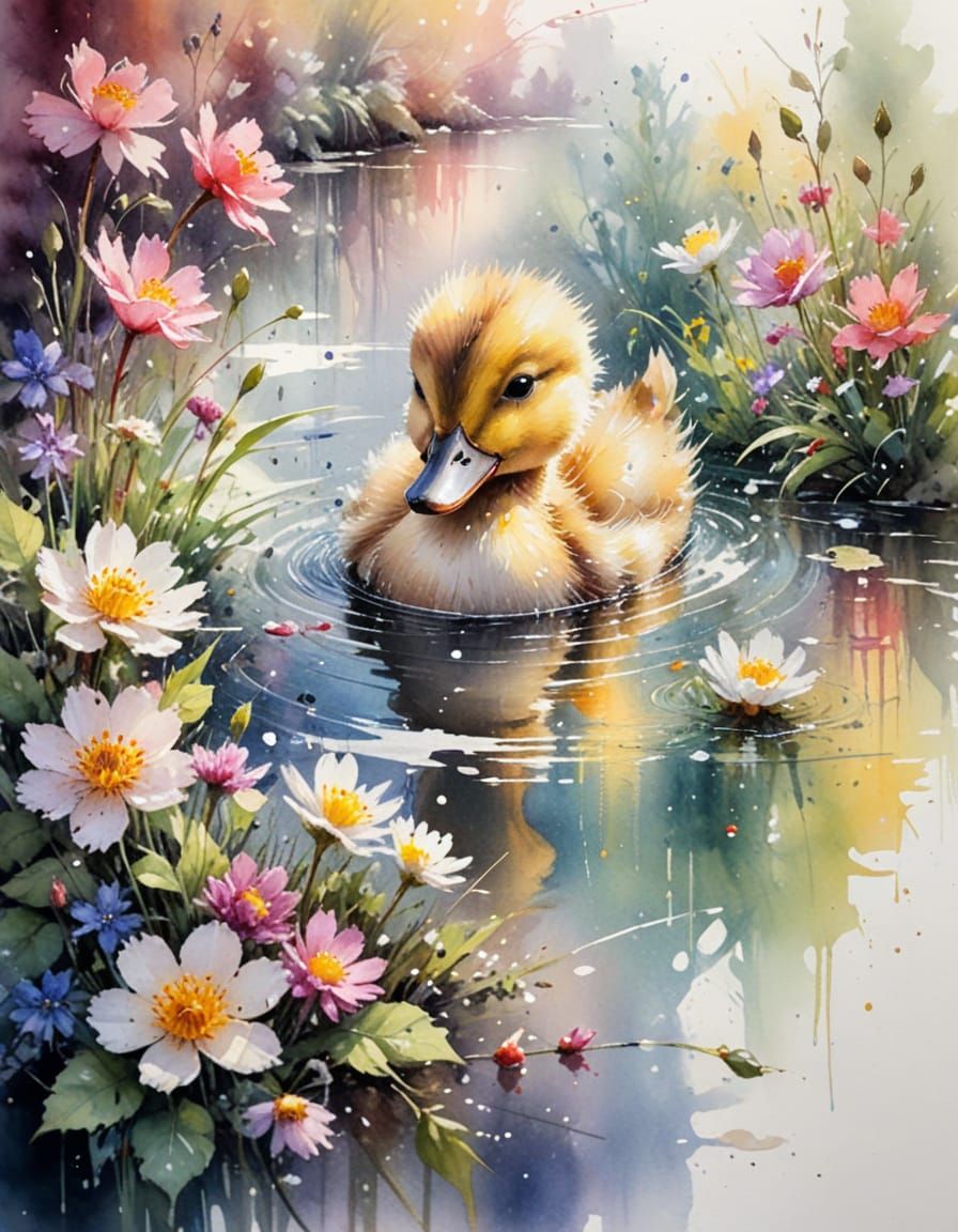 Duckling in Sunlit Garden: Watercolour Fusion
