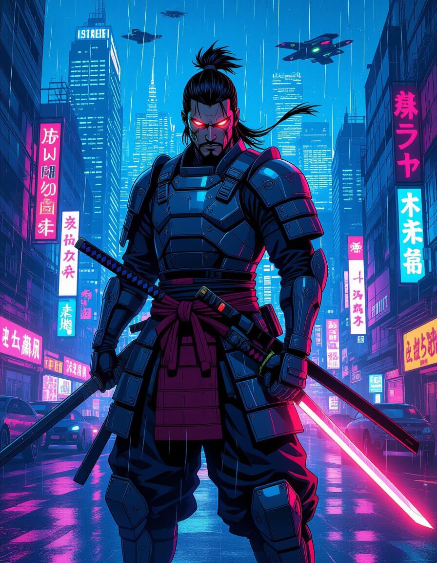 Cyberpunk Samurai in Neon Storm Comic Art