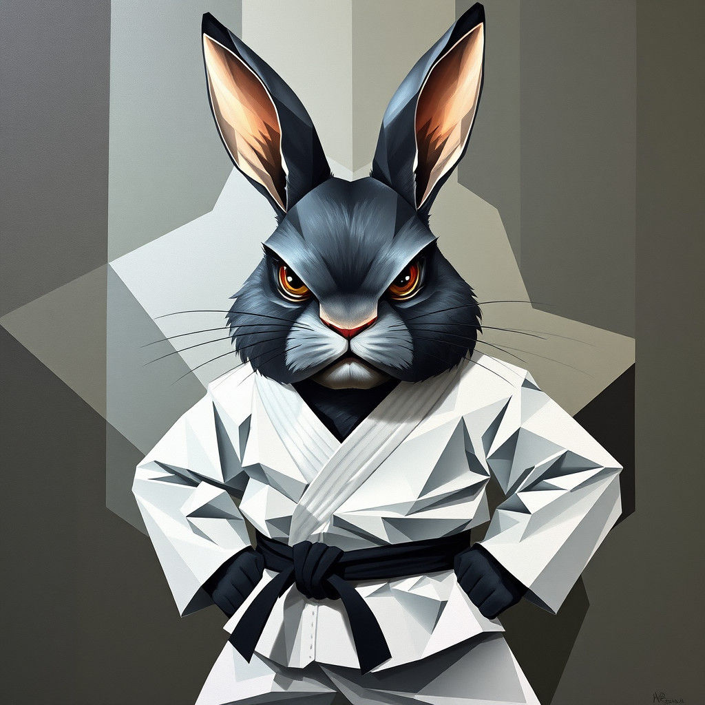Neo-Cubist Bunny Karate Master in Dark Grey and White