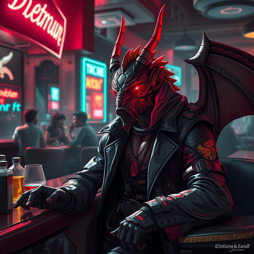 Cyberpunk Dragon Assassin Chilling at Lounge Bar