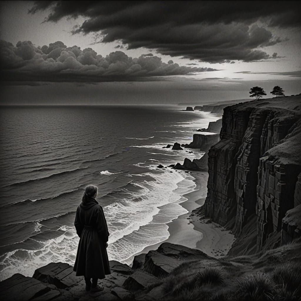 Woman on Windswept Cliff in Expressive Charcoal Sketch Style