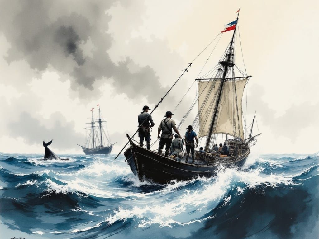 Vibrant Whaling Scene in Expressive Watercolor