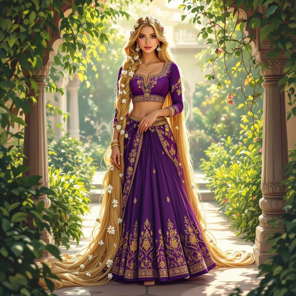 Rapunzel in Royal Purple Indian Attire in Mughal Garden