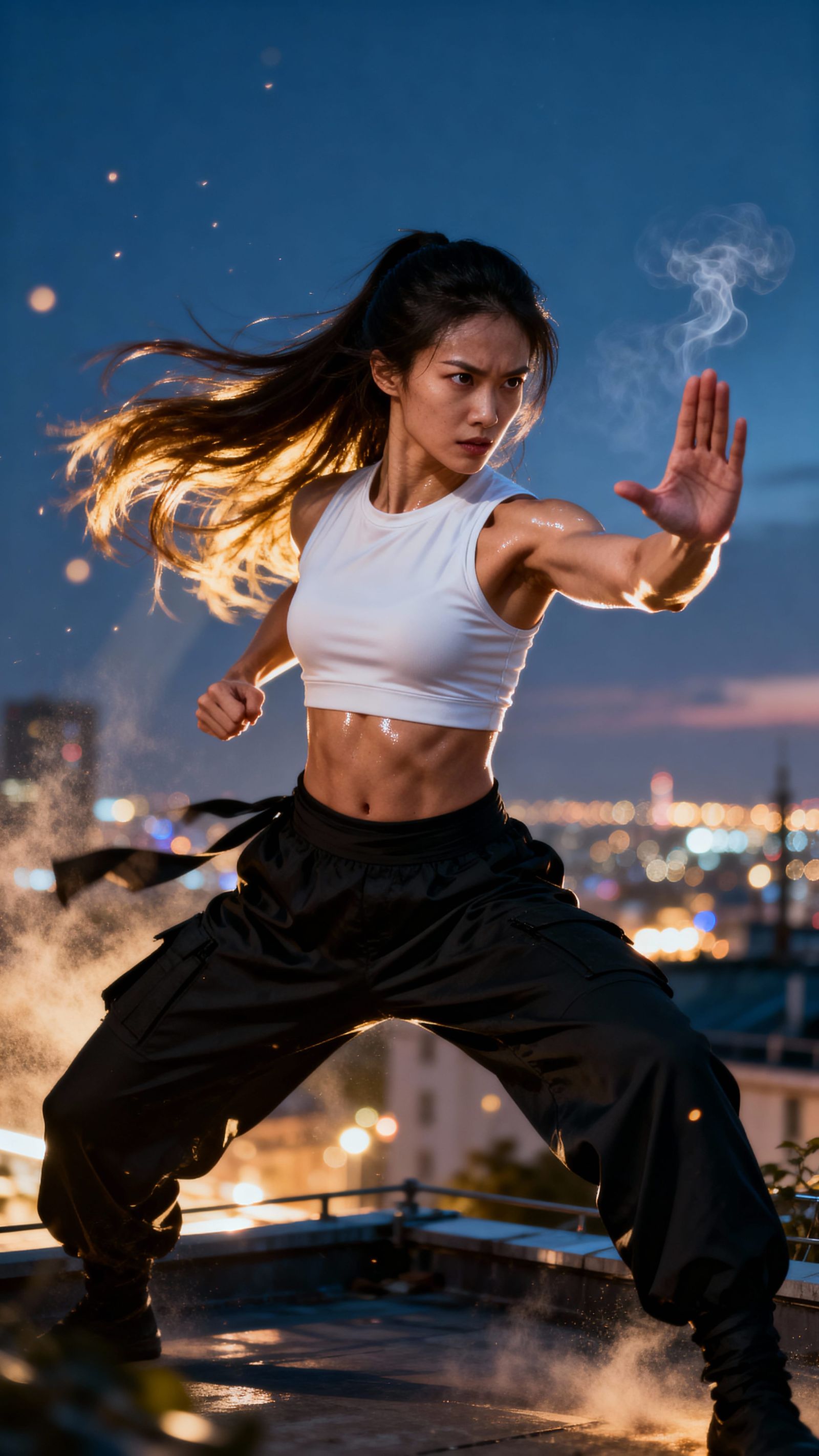 Powerful Woman in Explosive Motion on Urban Rooftop