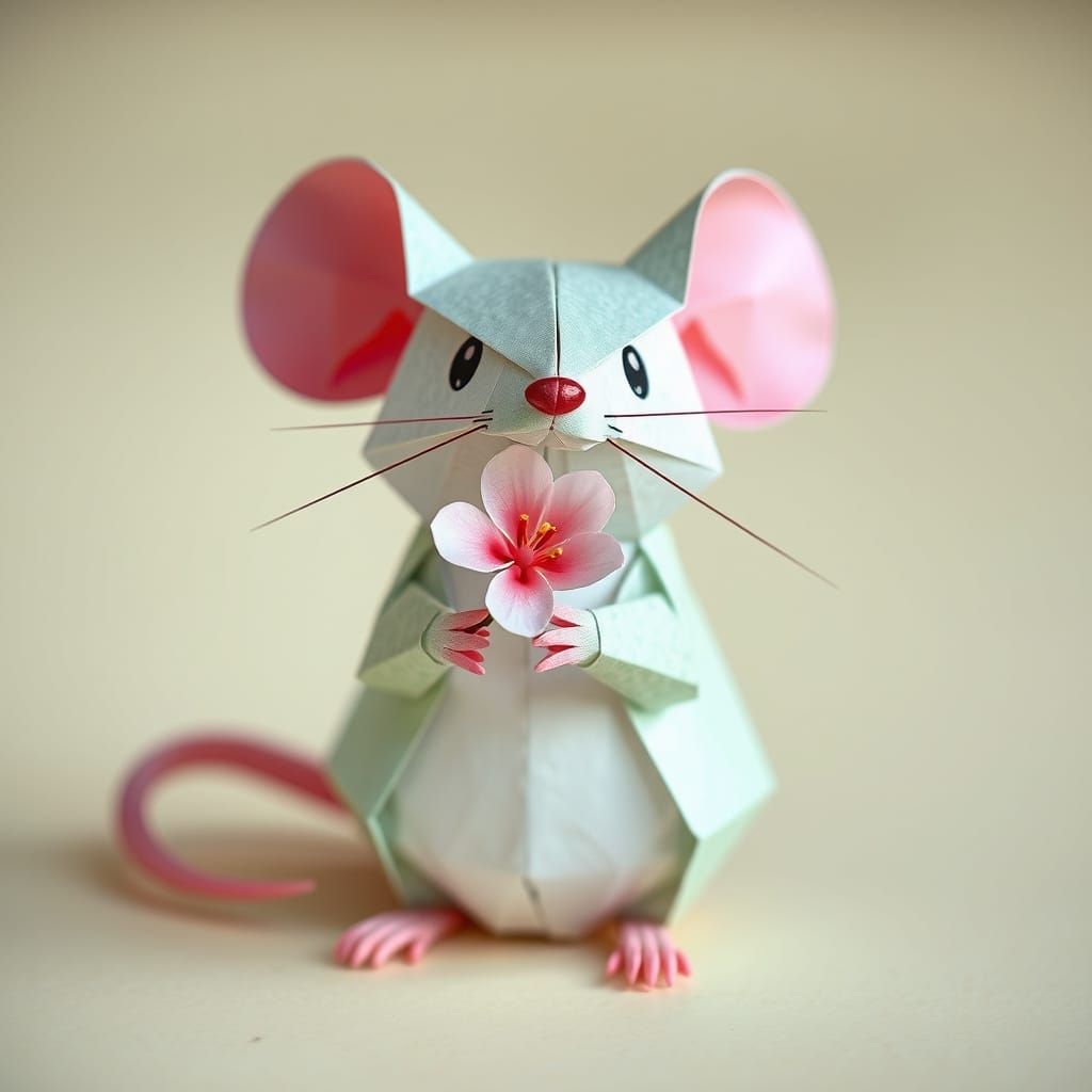 Origami Mouse with Cherry Blossom, Delicate Paper Art