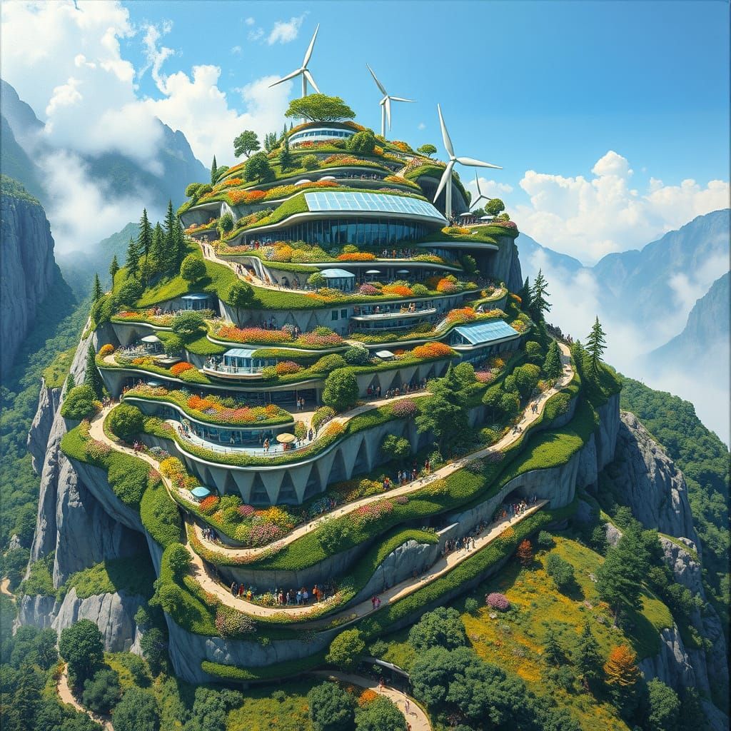 Stepped Arcology in Mountainside with Gardens & Solar