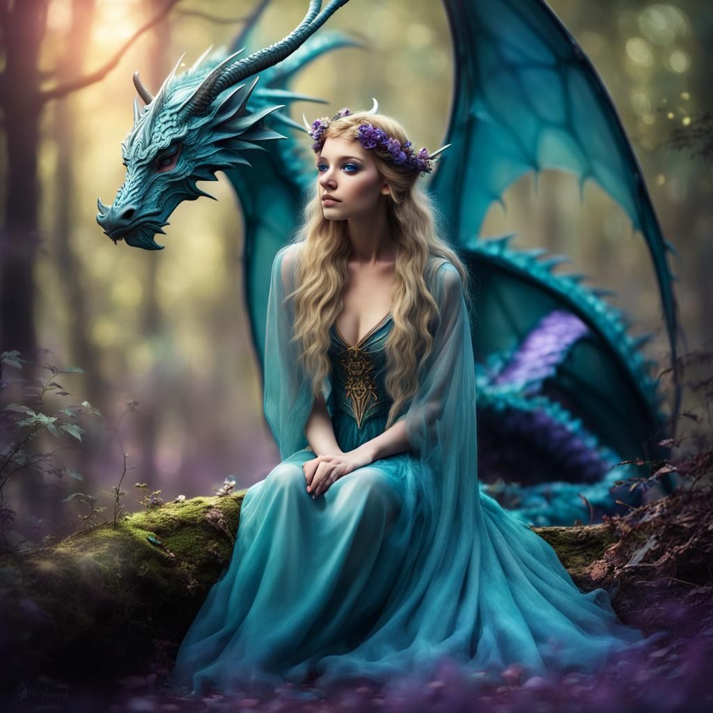 Fairy and Dragon in Magical Woods with Ethereal Lighting