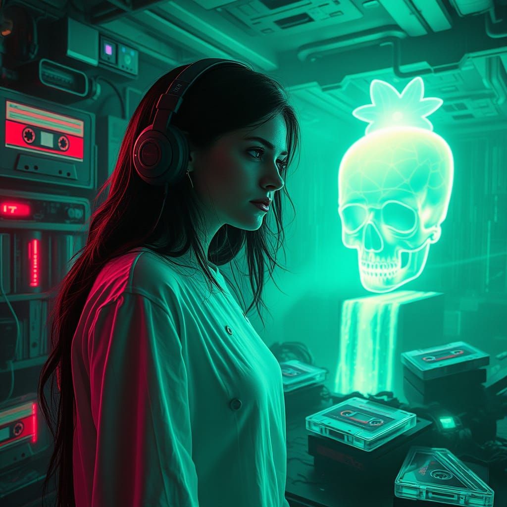 Cyberpunk Woman near Skull Falls with Cassette Futurism