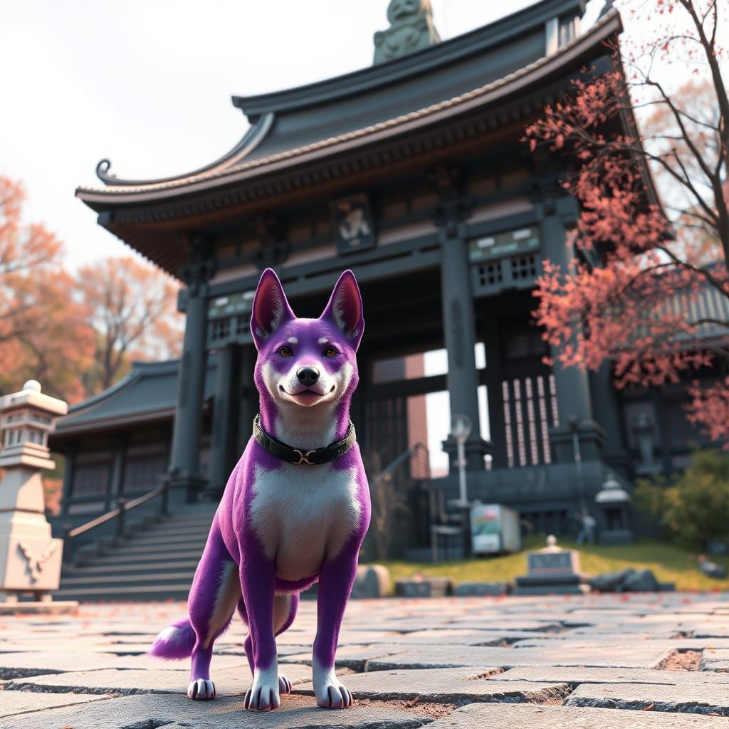 Purple Basenji at Japanese Temple: 3D Anime Art