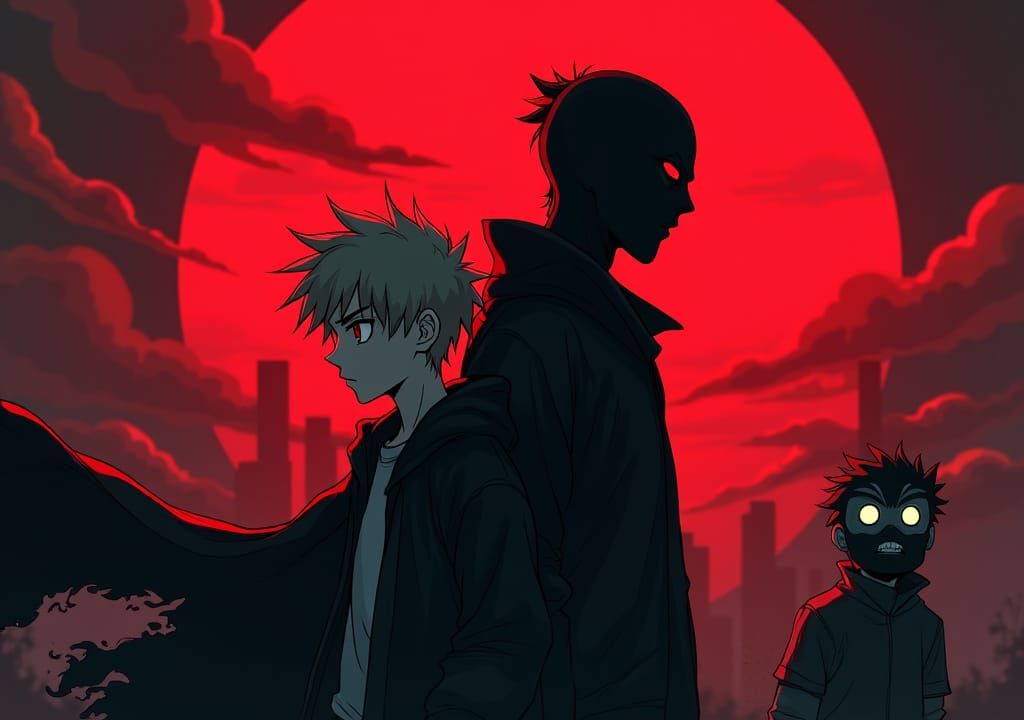 Anime Face-Off: Boy and Shadow in Ominous Sunset