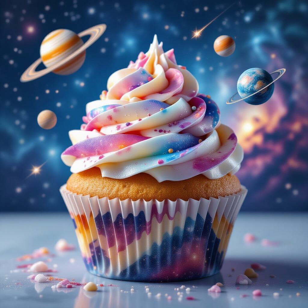 Cosmic Galaxy Cupcake in Photorealistic Style
