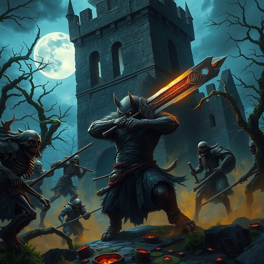 Bugbear Rogue Engages in Dark Fantasy Battle Amidst Ruins an...