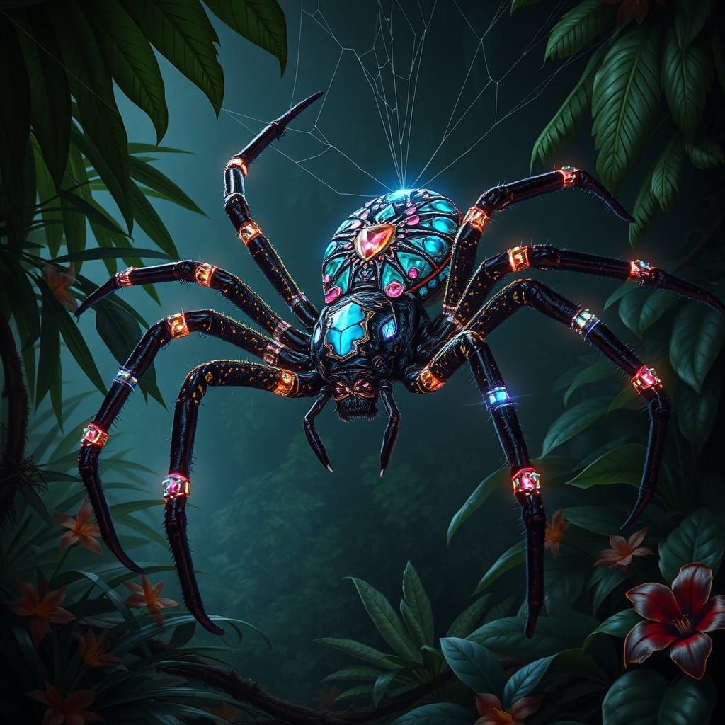 Bioluminescent Jewel Spider Descends in Jungle Canopy