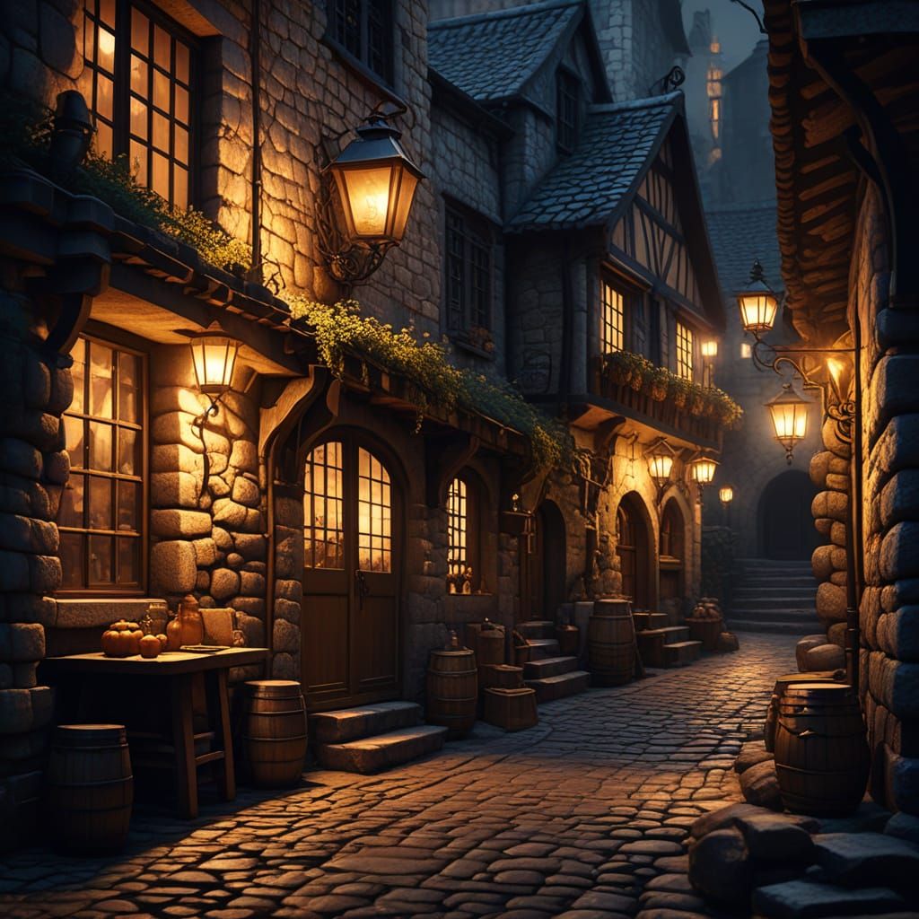 Medieval Tavern in Stone Alleyway: Fantasy Illustration