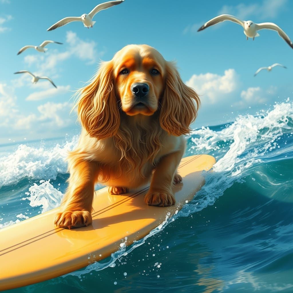 Cocker Spaniel Rides Surfboard in Photorealistic Style