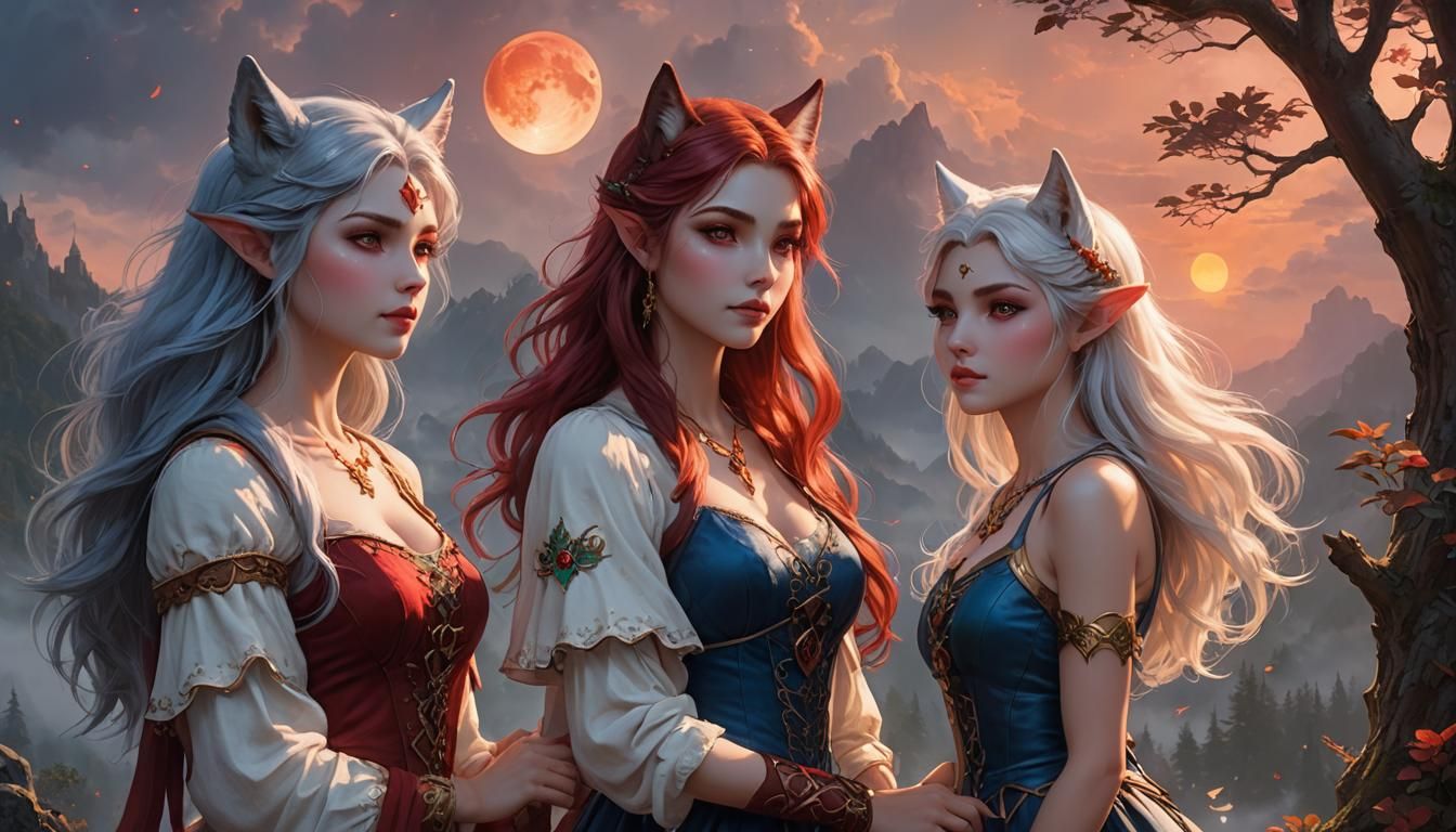 Ethereal Wolf-Elf Girl Under Twin Moons