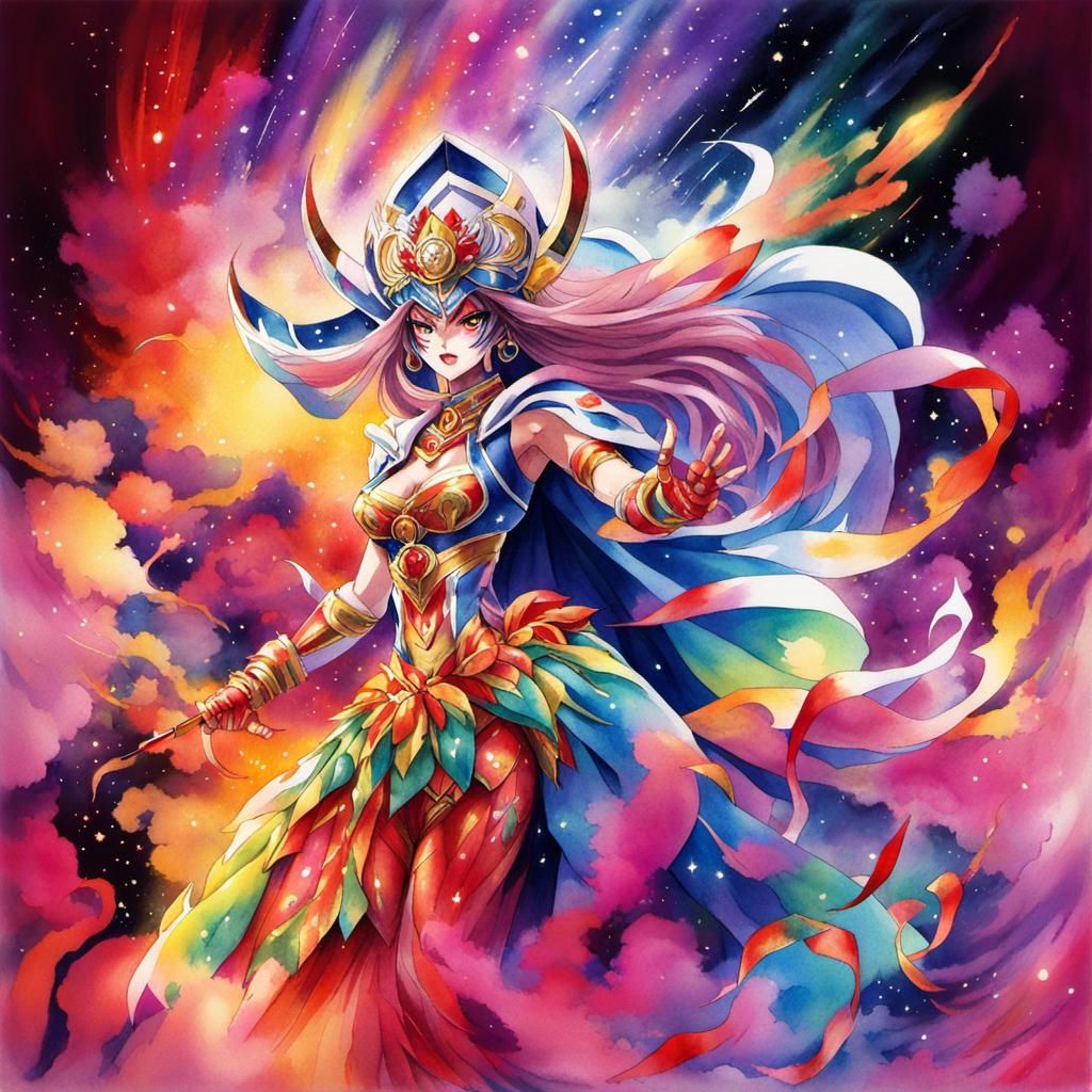 Glamorous Luchadora Goddess in Anime Watercolor Style