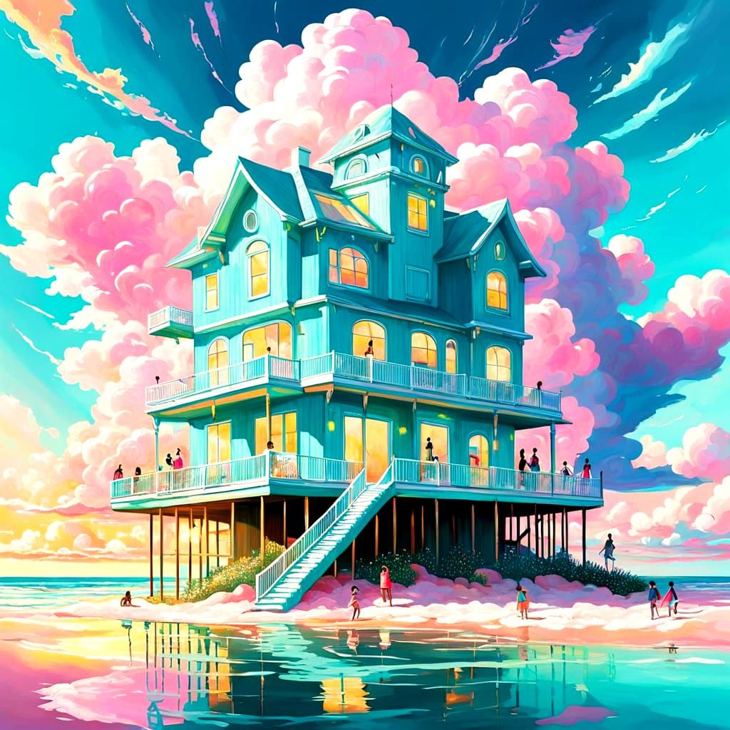 Surreal Fantasy Beach House in Vibrant Turquoise and White