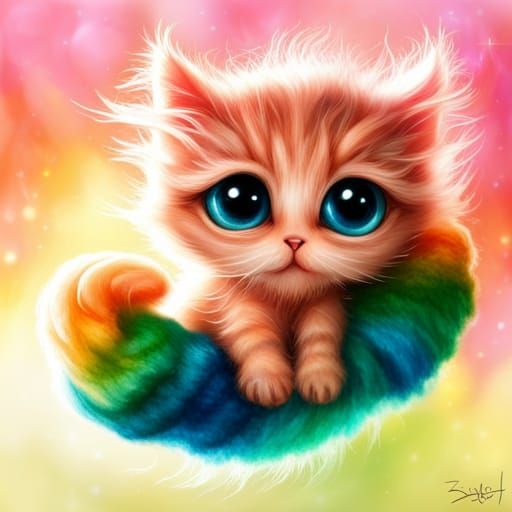 Fluffy Knitted Kitten with Galaxy Eyes: Digital Portrait